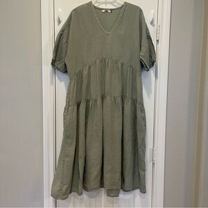 Dolma Midi Dress Women’s Small Med Green 100% Linen Tiered Boho Lagenlook FLAW
